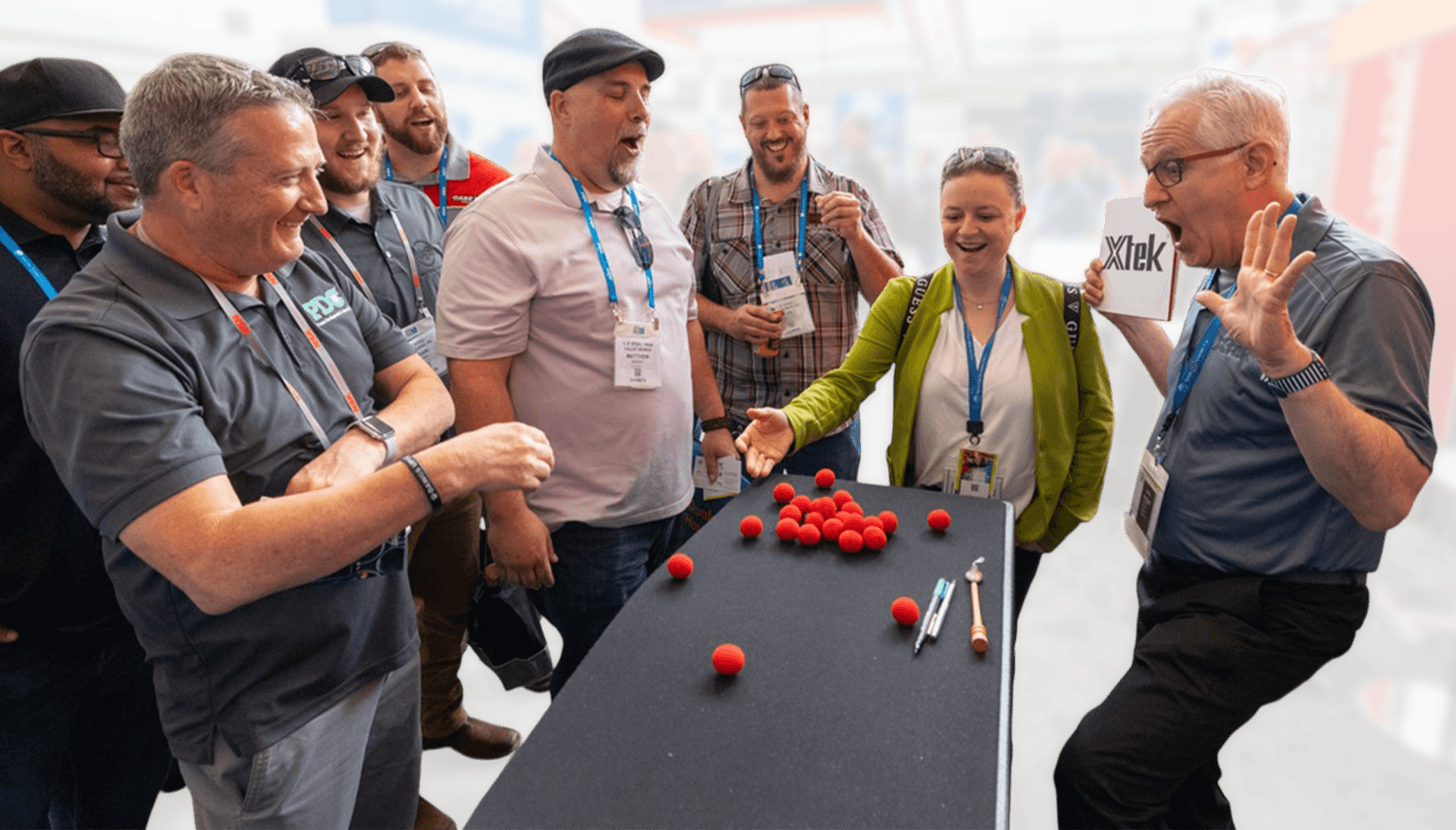 Trade show performer using industry-specific humor to captivate audience