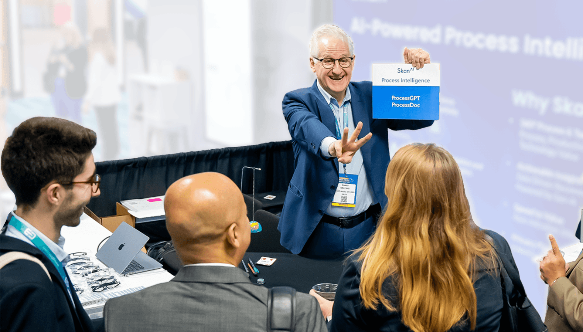 Magician engaging trade show attendees through interactive performance